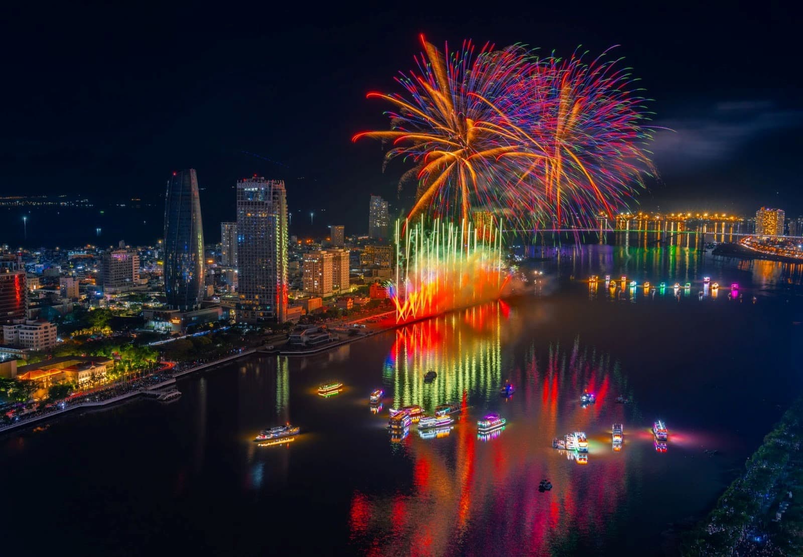 Fireworks over river